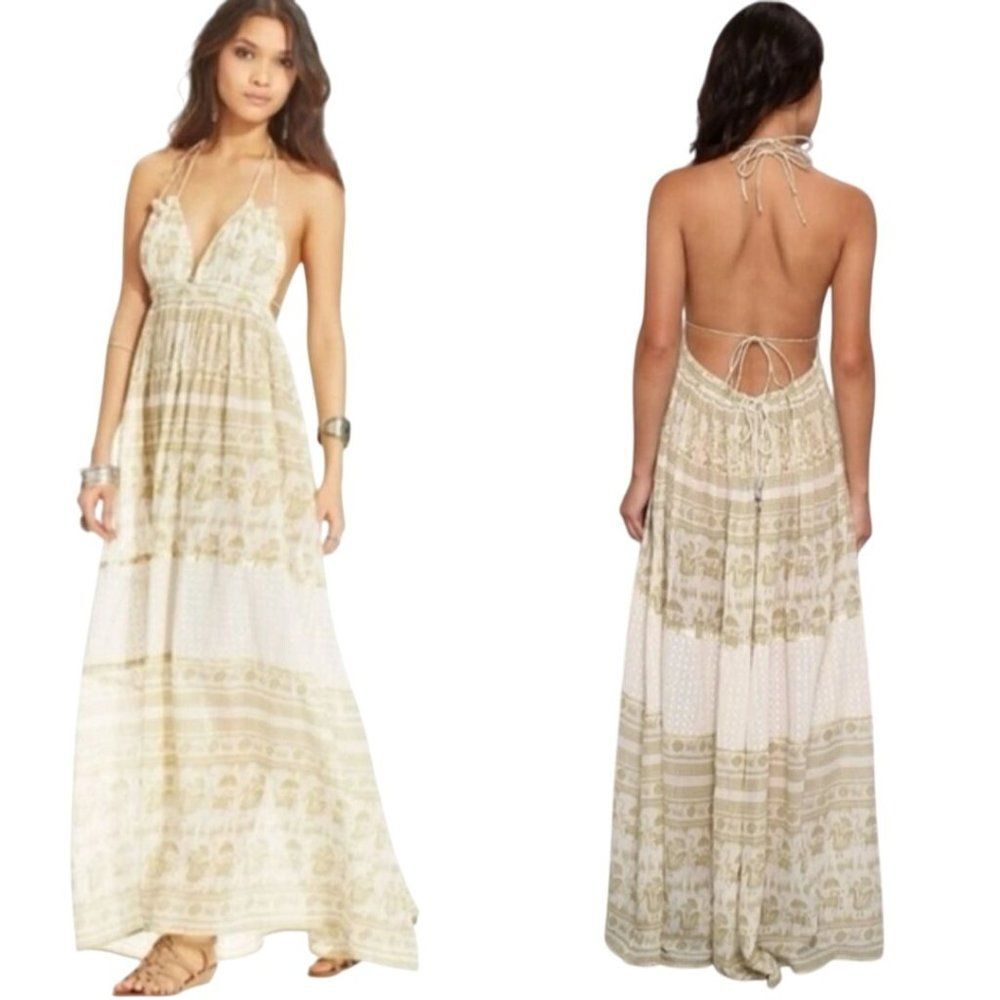 Free People Womens Boho Maxi Dress Halter Open Back Tiered Sz XS Green‎ Cotton